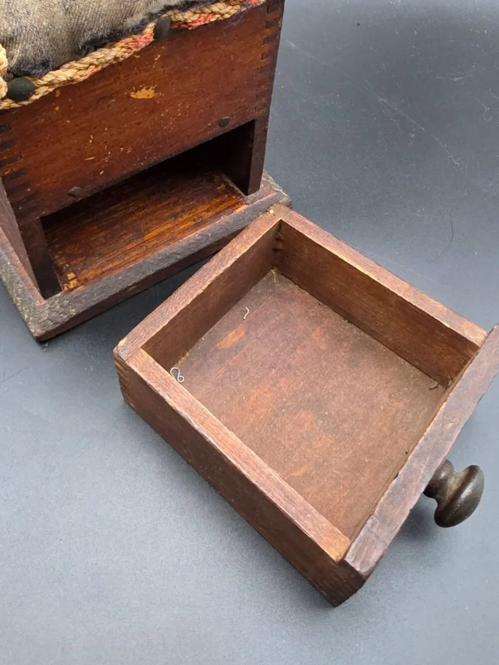 19th Century Antique Walnut Sewing Box Pin Cushion handmade vtg two compartments